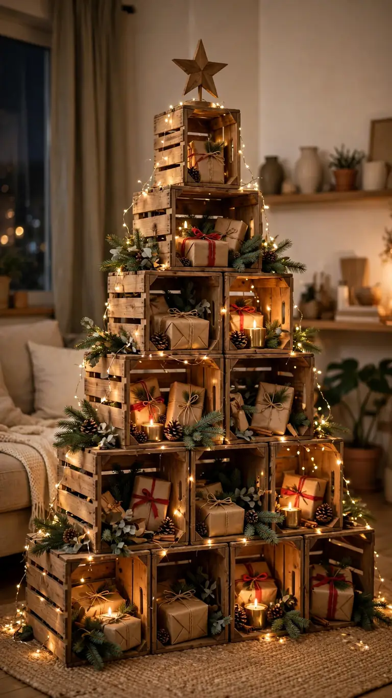 Pyramid stack of wooden crates decorated as a Christmas tree with gifts inside