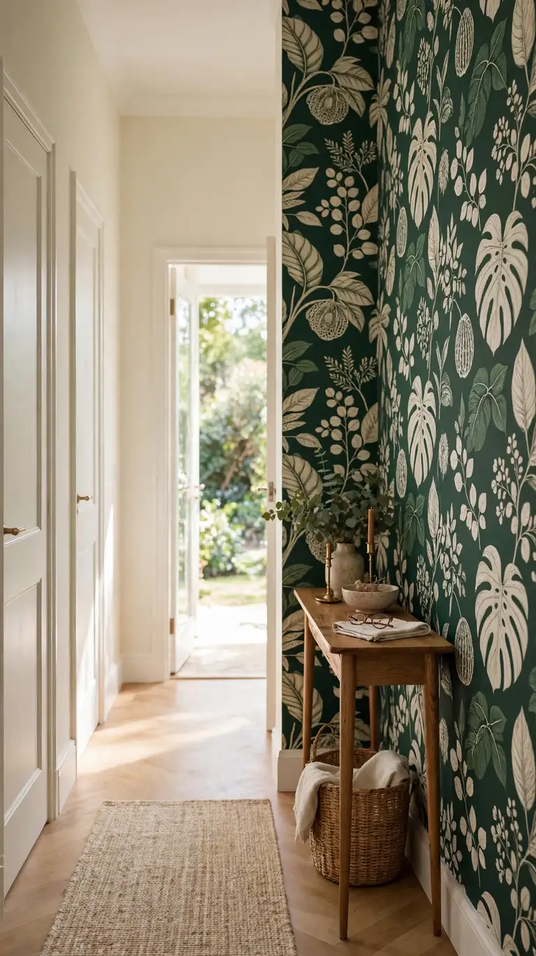 A hallway accent wall with bold botanical wallpaper in green and cream.