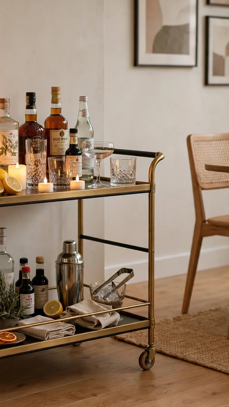 Bar cart styled with a small glowing lamp and flameless candles among bottles and glassware