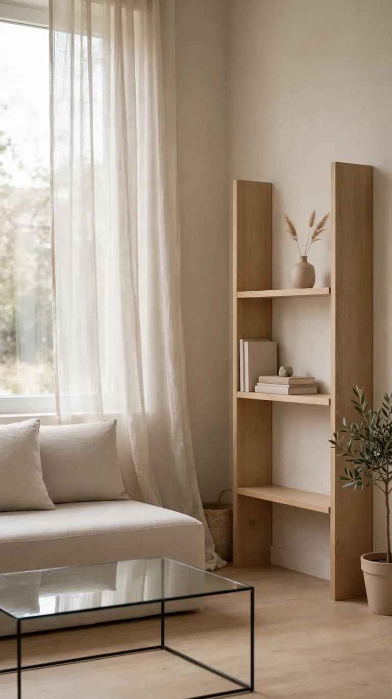 A clean, clutter-free minimalist living room with clear surfaces and calm decor.