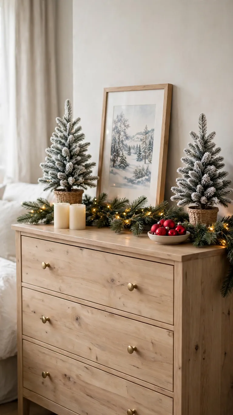 24 Festive Christmas Mantel Alternatives for Homes Without a Fireplace 17 A bedroom dresser styled like a mantel with a soft garland, matching candles, and a framed holiday print