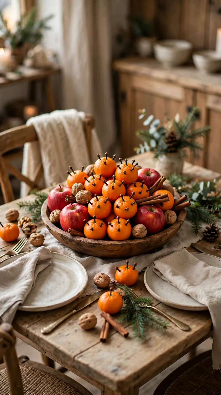 20 Beautiful Christmas Table Settings for Small Dining Spaces 17 Low bowl of clementines, apples, walnuts, and cinnamon sticks as an edible Christmas centerpiece