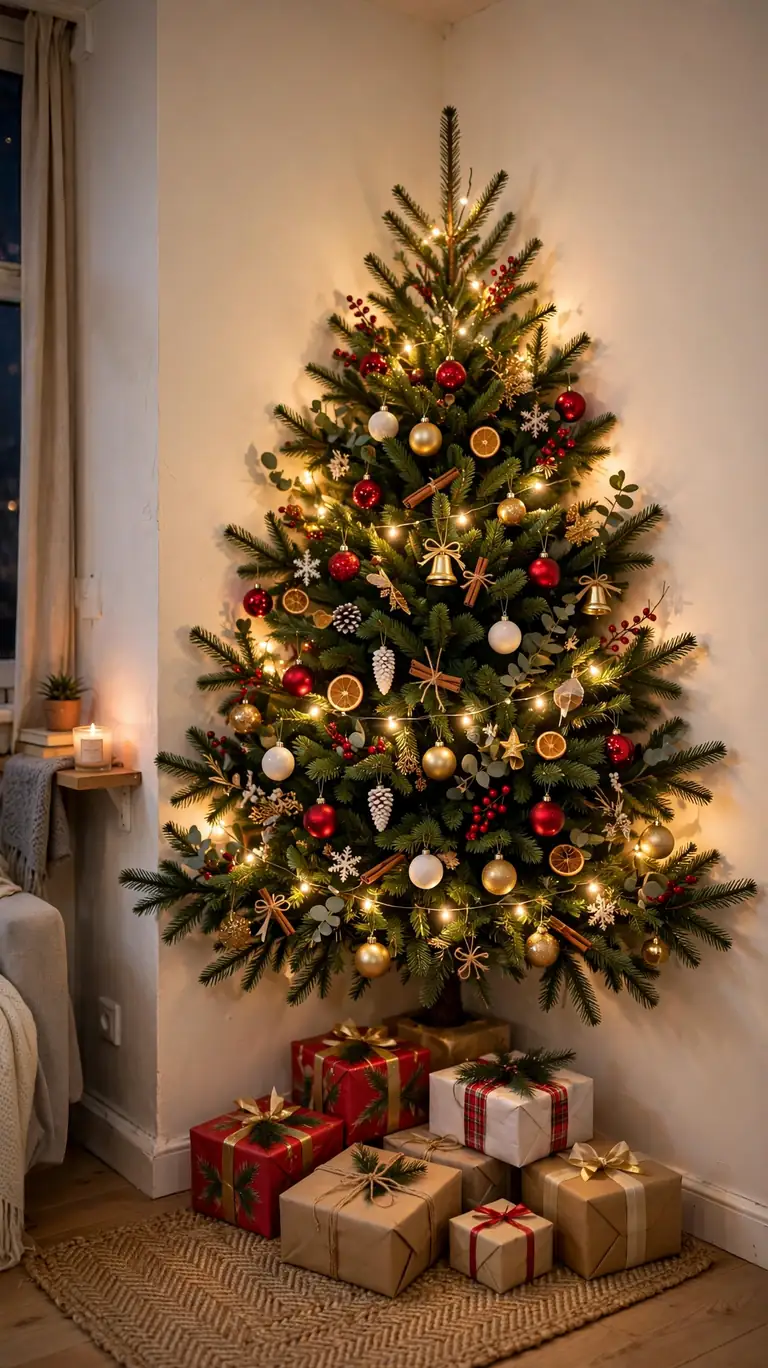 Half Christmas tree sitting flush against an apartment wall fully decorated