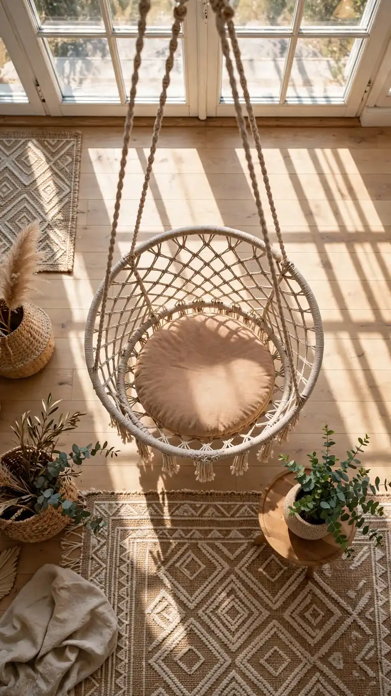 Macrame hanging swing chair with a cushion in a bright boho living room corner.
