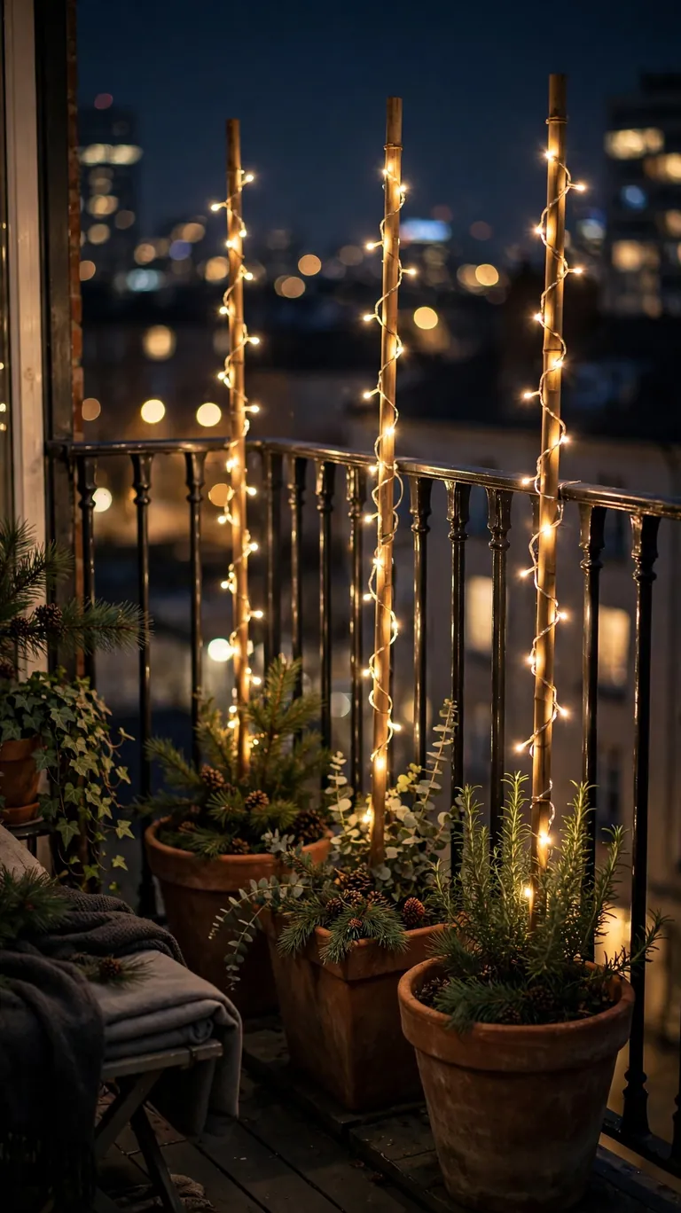 String lights wrapped around stakes in balcony planters at night