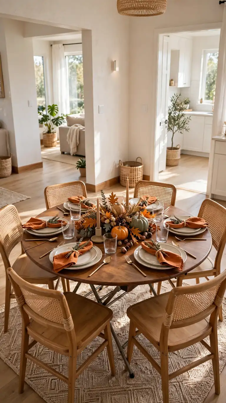 Round folding table with six chairs improving traffic flow in a small dining area