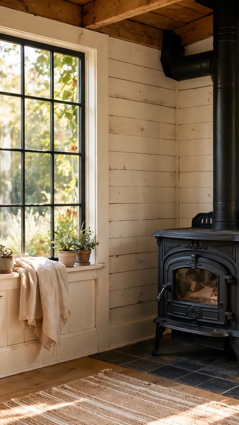 Small black electric stove styled like a vintage fireplace in a sunroom corner with a basket of firewood beside it.