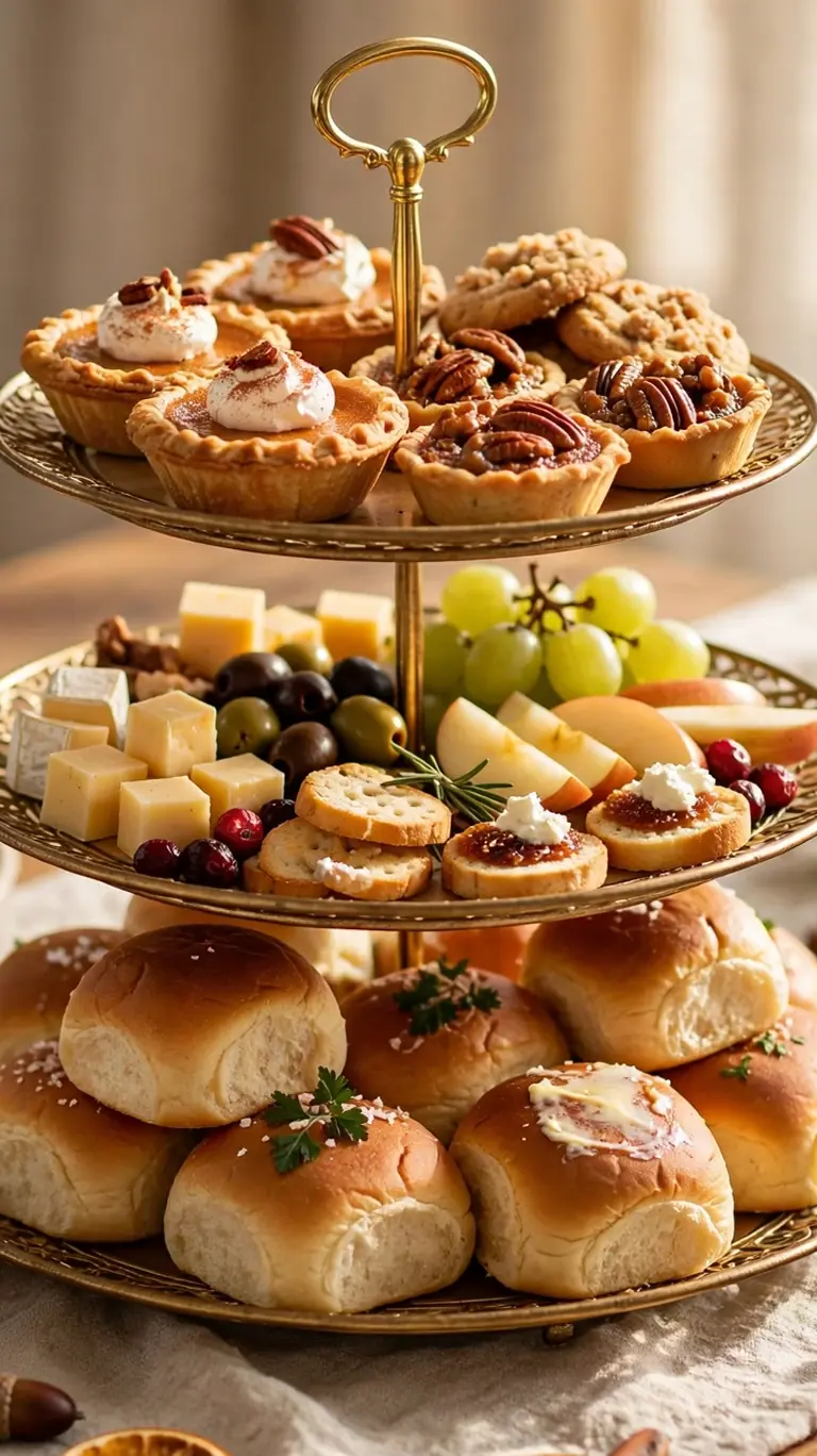 Tiered serving stand with holiday food on a small Thanksgiving table