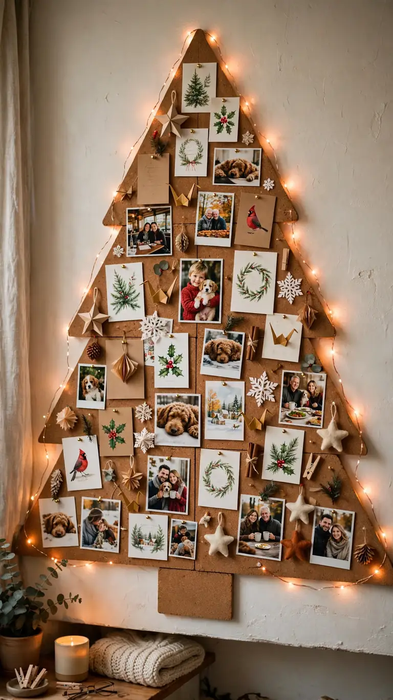 Cork boards arranged as a tree on a wall covered with Christmas cards and photos
