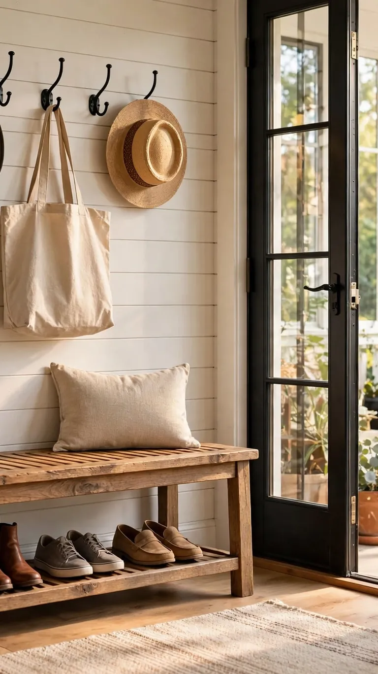 Wooden entry bench with wall hooks holding hats and a tote bag beside a sunroom door, with shoes stored below.