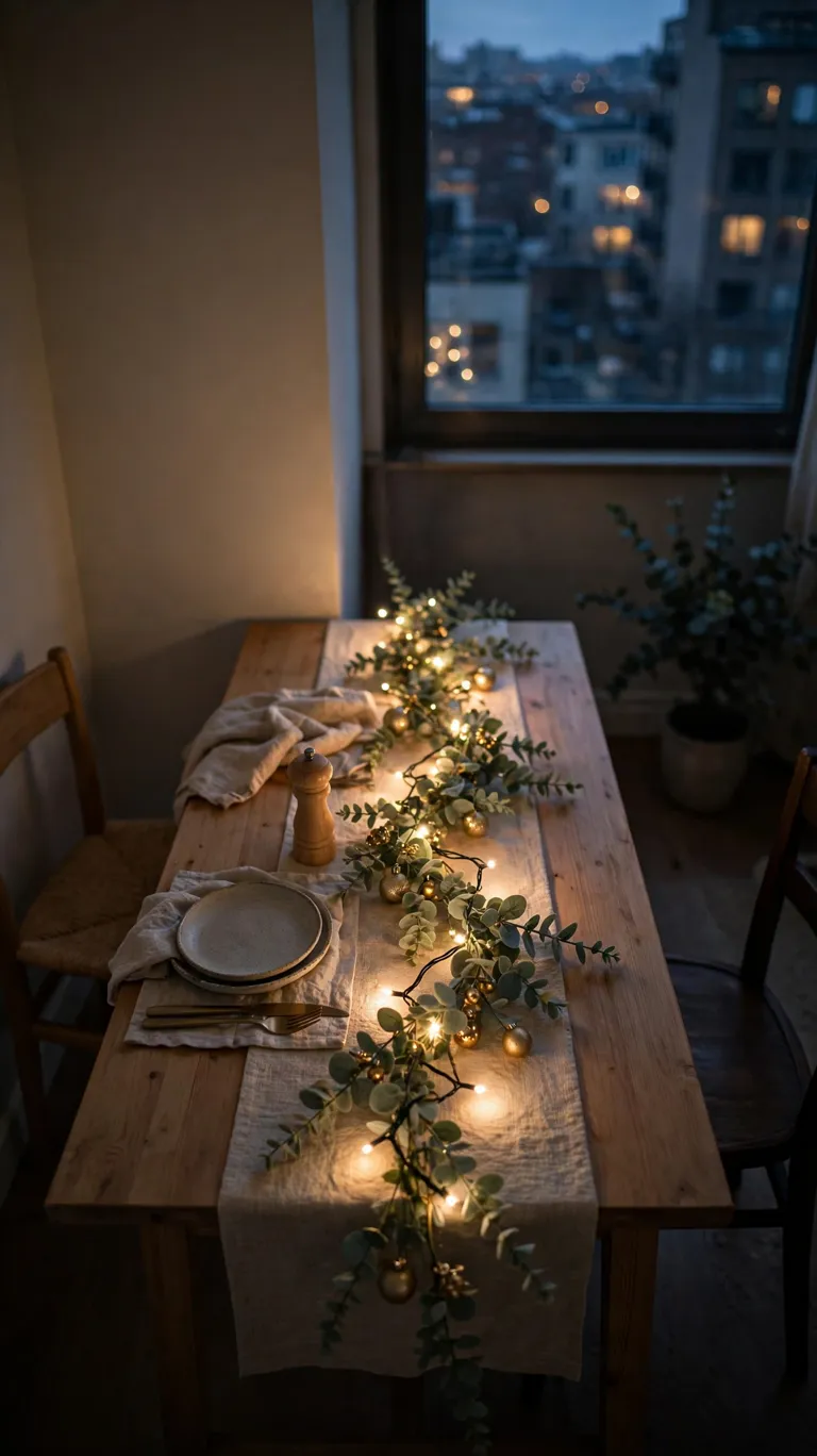 20 Beautiful Christmas Table Settings for Small Dining Spaces 18 Warm fairy lights woven through eucalyptus garland glowing down the center of a small table