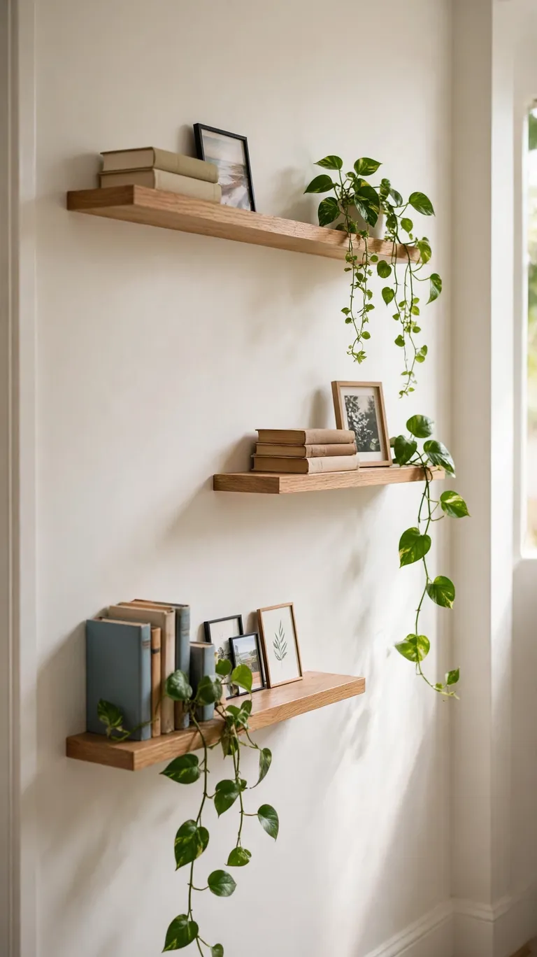 Slim floating shelves holding books and small plants in a hallway.