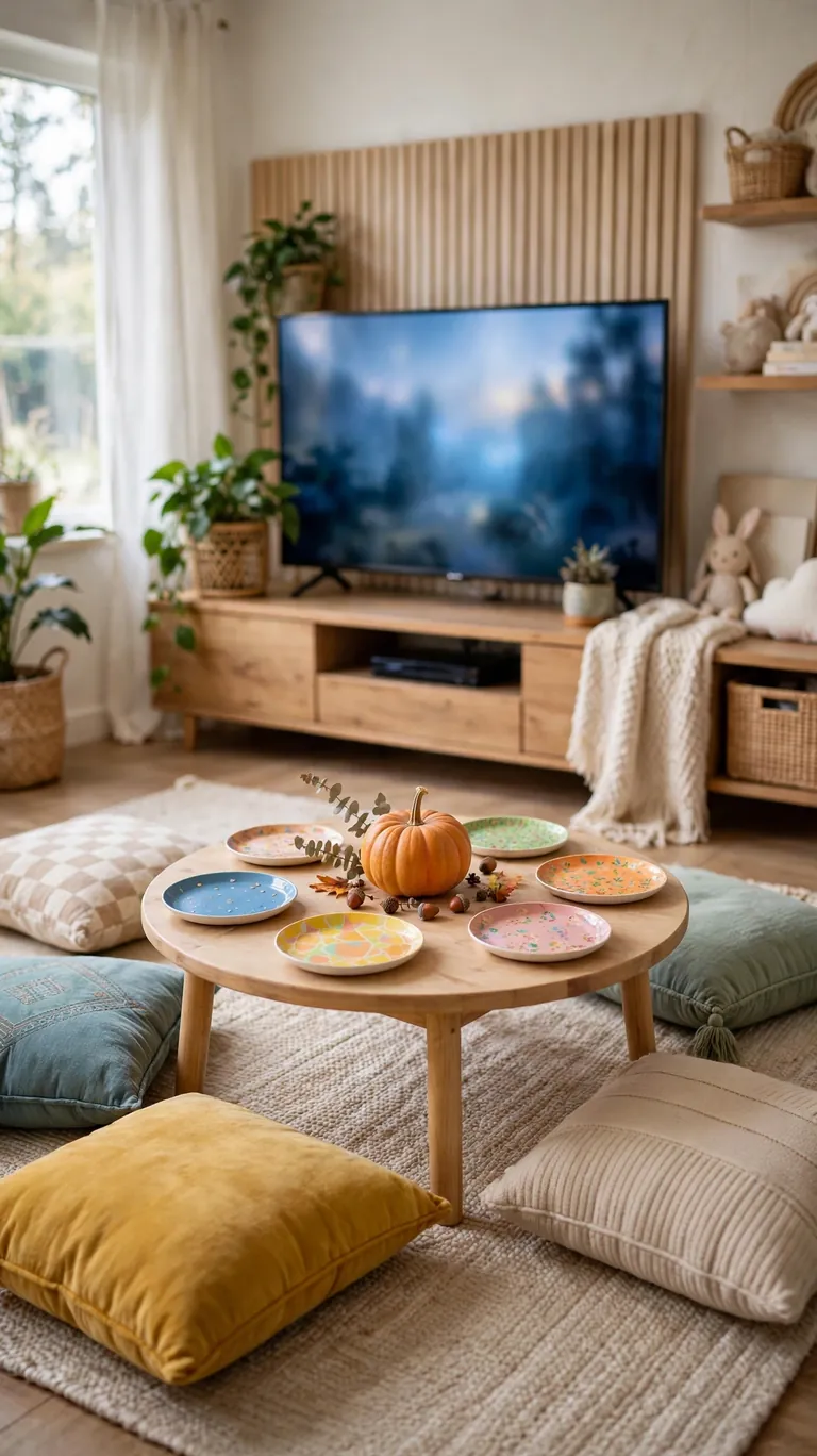 Low kids table with festive place settings set up in a cozy TV room