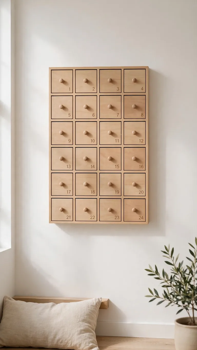 A minimalist wooden advent calendar with small drawers mounted on a wall.