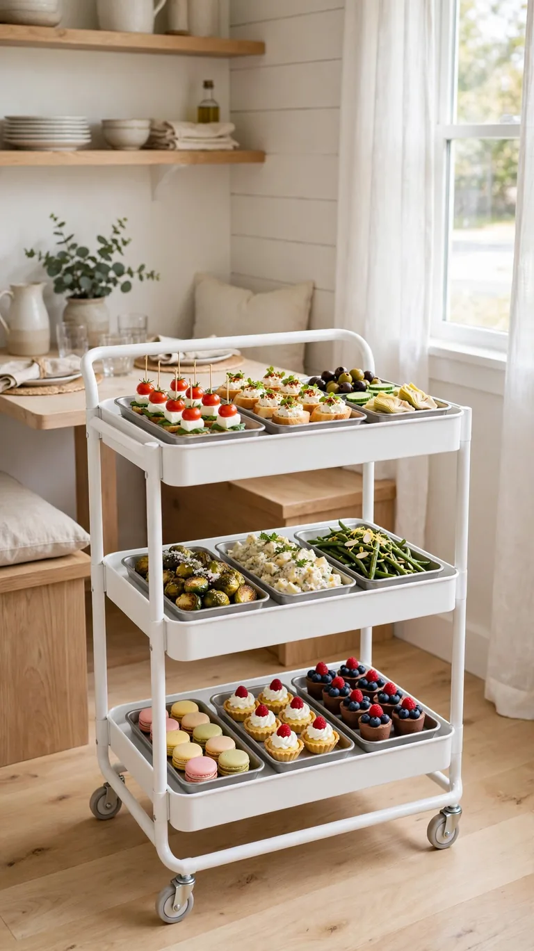 White three tier rolling cart styled as a buffet with appetizers, sides and desserts on each level