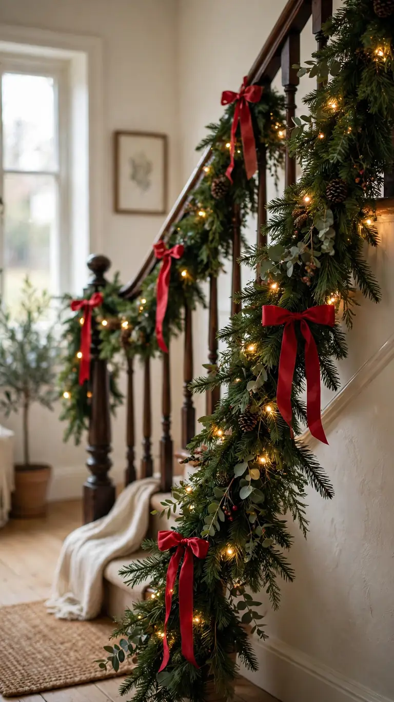 Christmas garland tied with ribbon along a staircase banister