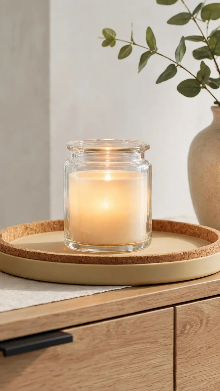 Single lit scented candle in a glass jar on a heat-safe tray on an apartment sideboard