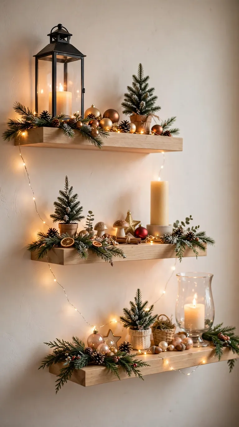 24 Festive Christmas Mantel Alternatives for Homes Without a Fireplace 18 Three staggered floating shelves styled as mini Christmas mantels with greenery, anchor pieces, and small treasures