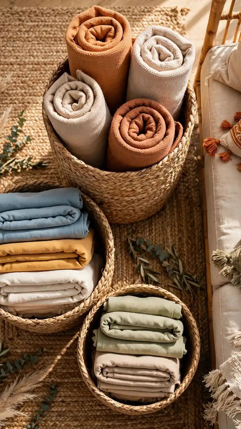 Cluster of woven seagrass storage baskets holding blankets in a boho living room.