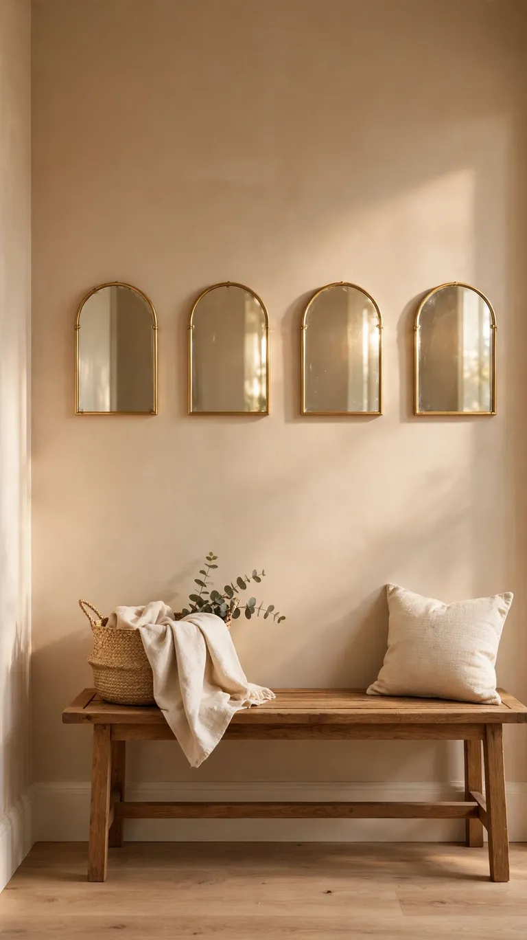 A series of small arched mirrors with gold frames along a hallway wall.