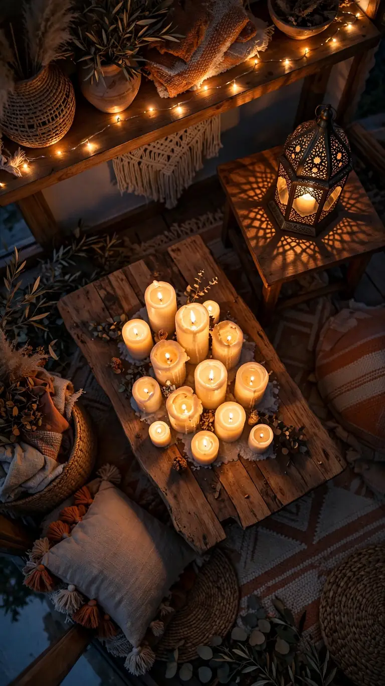 Boho coffee table glowing with clustered pillar candles and a Moroccan lantern at dusk.