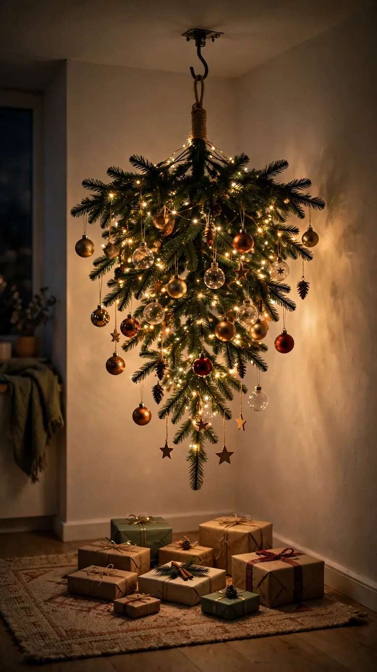 Small upside down Christmas tree hanging from a ceiling hook in an apartment corner