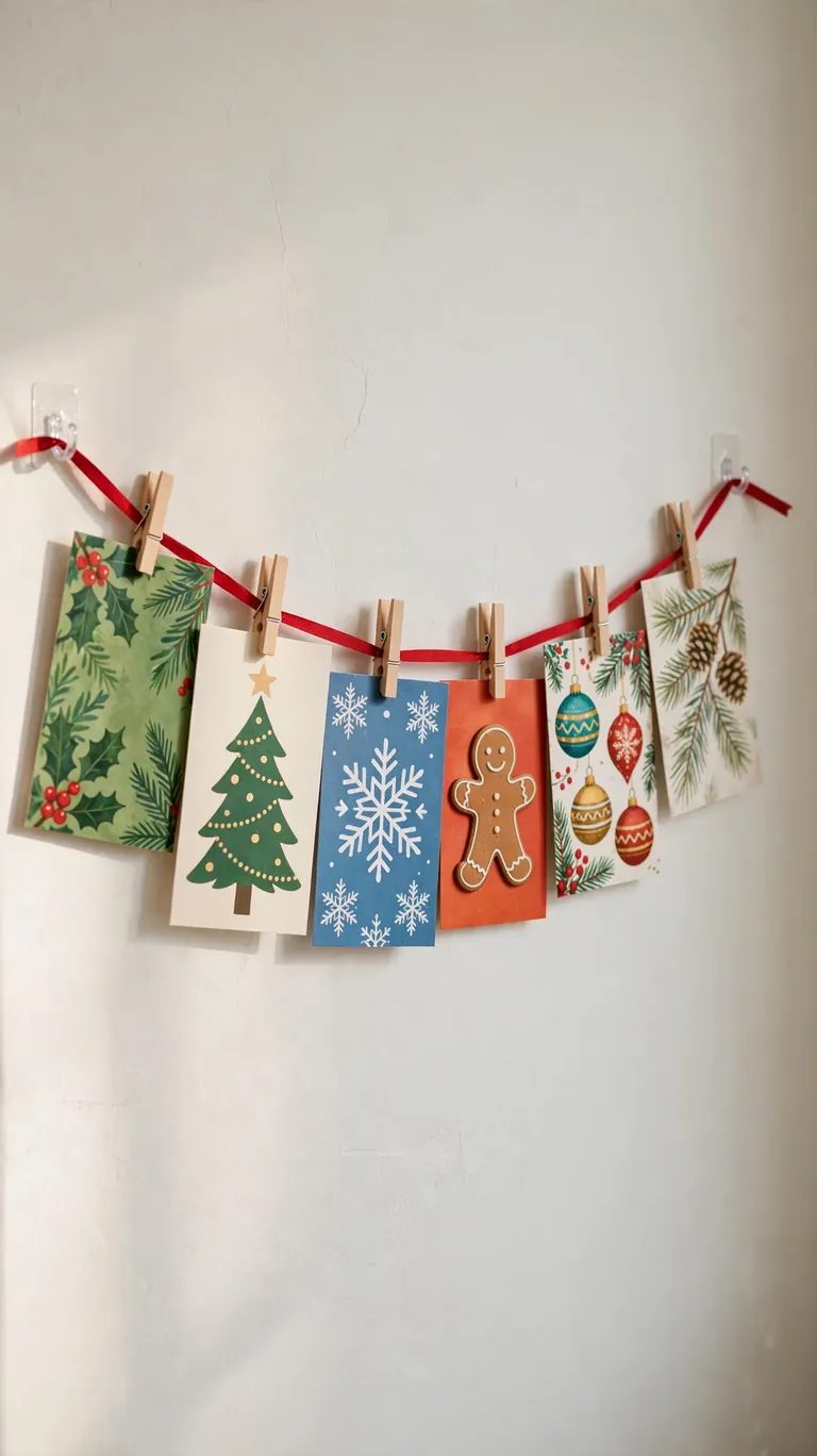 Christmas cards clipped along a ribbon strung between hooks