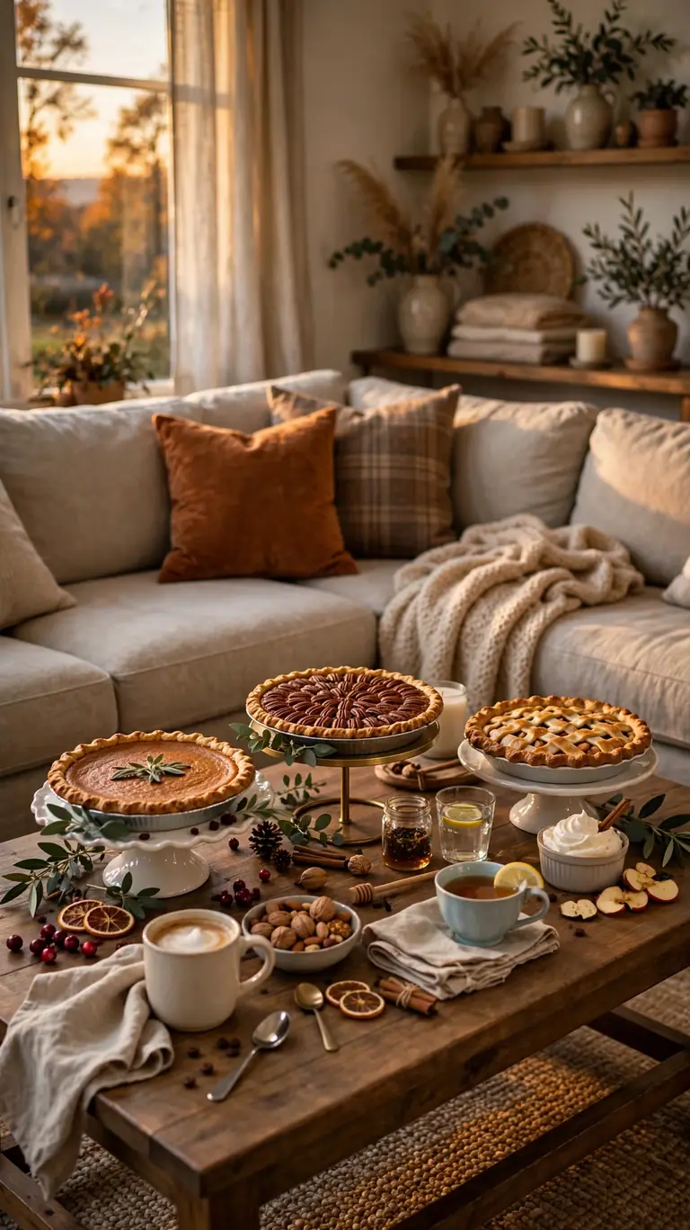 Coffee table arranged with pies and coffee for a Thanksgiving dessert second seating