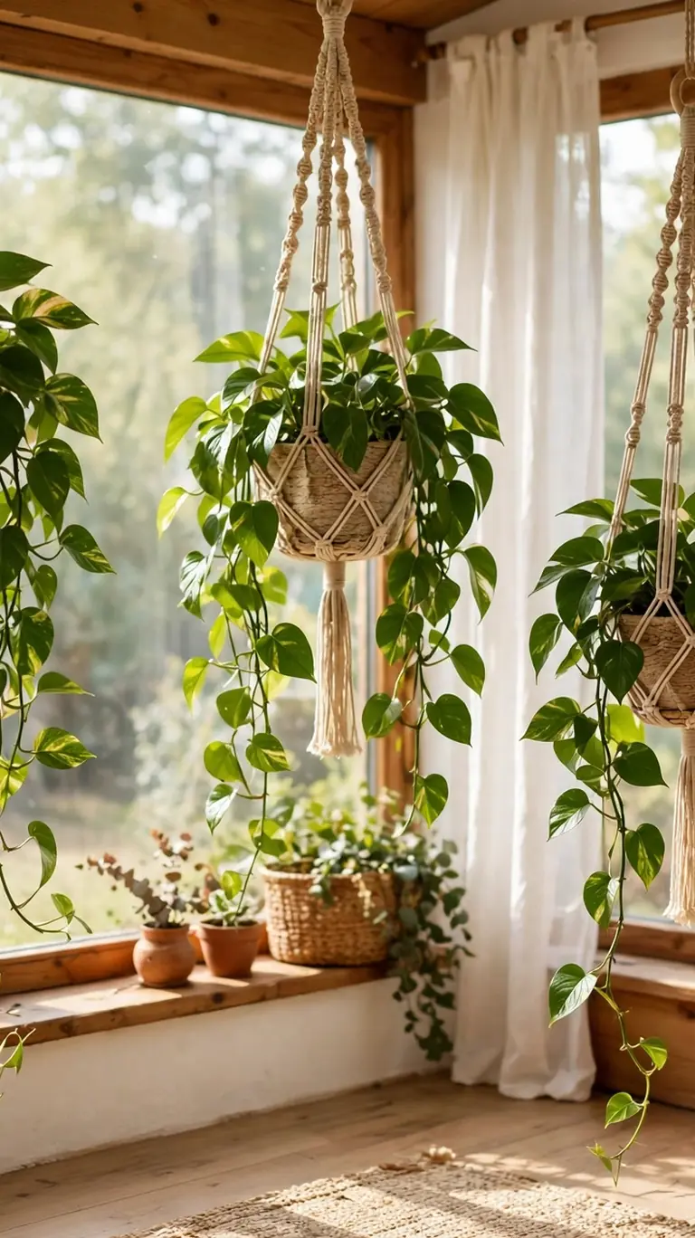Trailing pothos plants hanging in woven macrame hangers at varying heights near bright sunroom windows.
