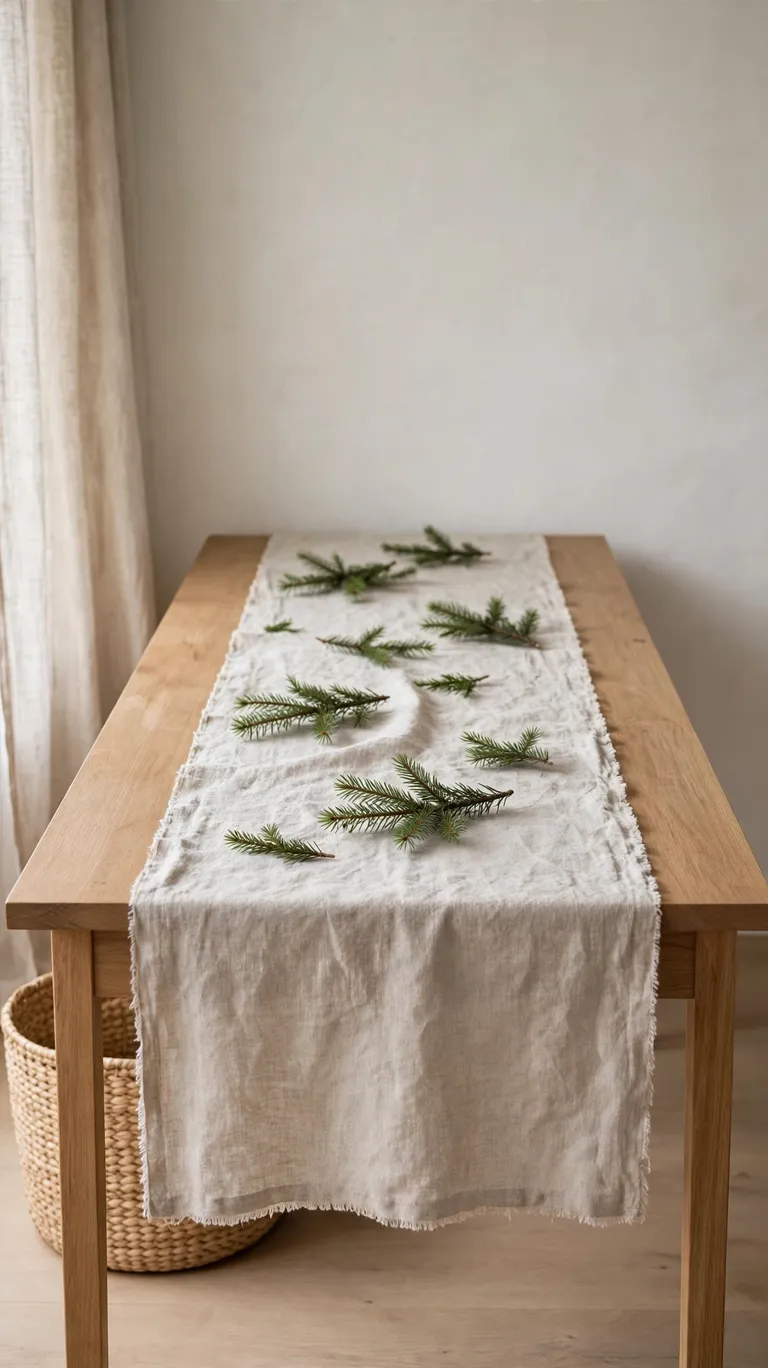 A natural linen table runner with loose evergreen sprigs on a console table.