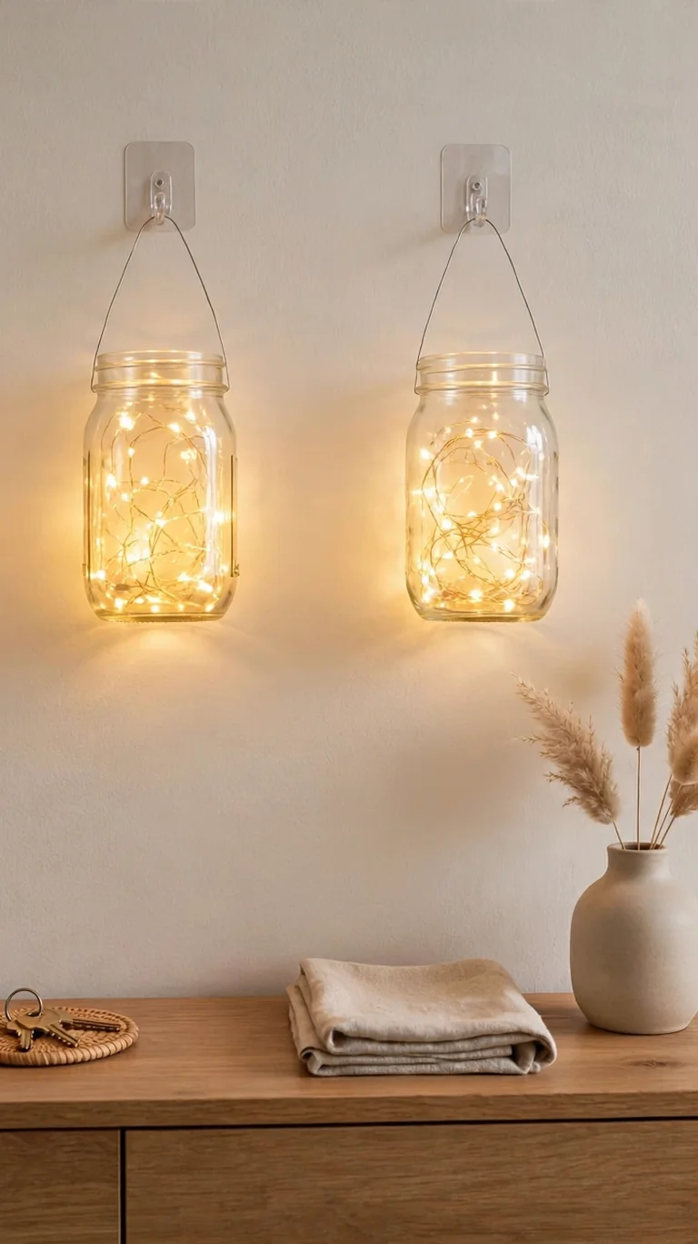Mason jars filled with fairy lights hanging from adhesive hooks as glowing wall sconces in a hallway