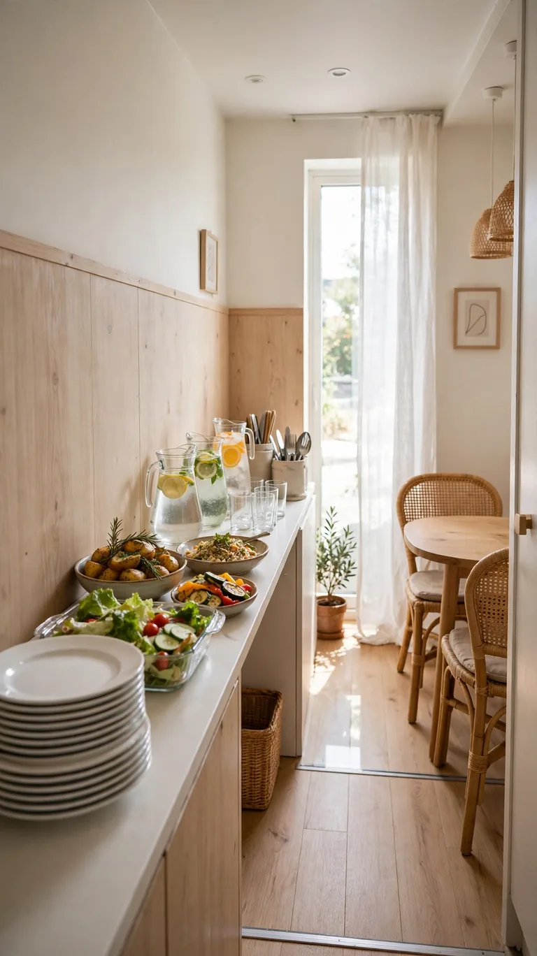 Slim console buffet arranged in a one directional serving line with plates, food and drinks in order
