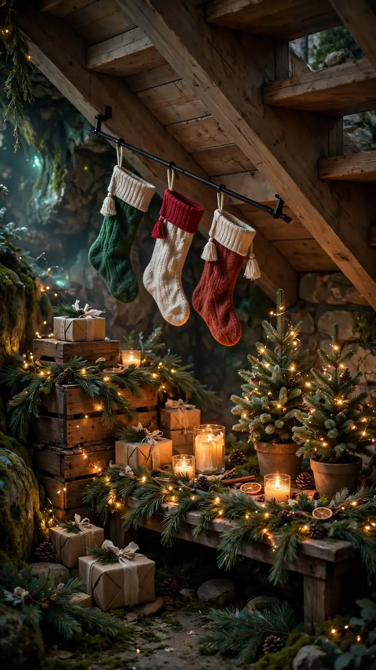 24 Festive Christmas Mantel Alternatives for Homes Without a Fireplace 19 A cozy under stair nook with crates, garland, fairy lights, stockings, and glowing candles