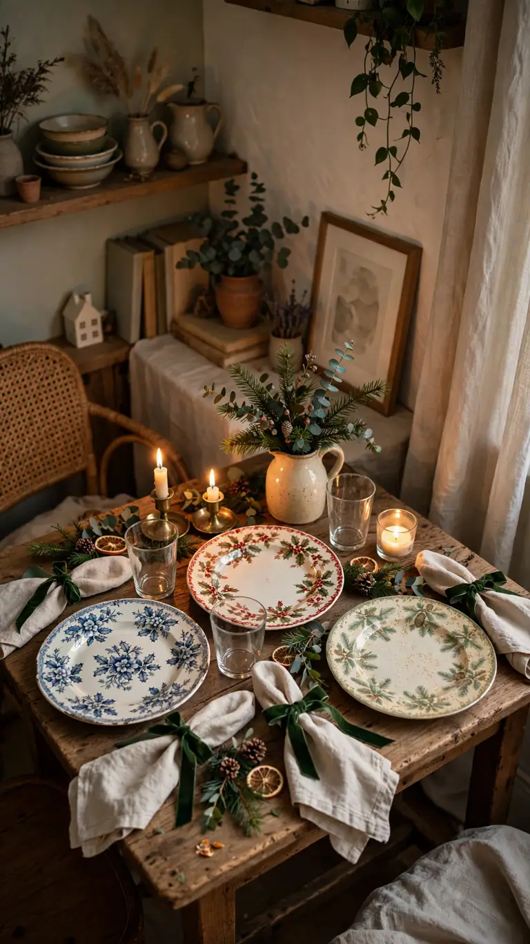 20 Beautiful Christmas Table Settings for Small Dining Spaces 19 Mismatched vintage holiday plates with linen napkins on a charming small Christmas table