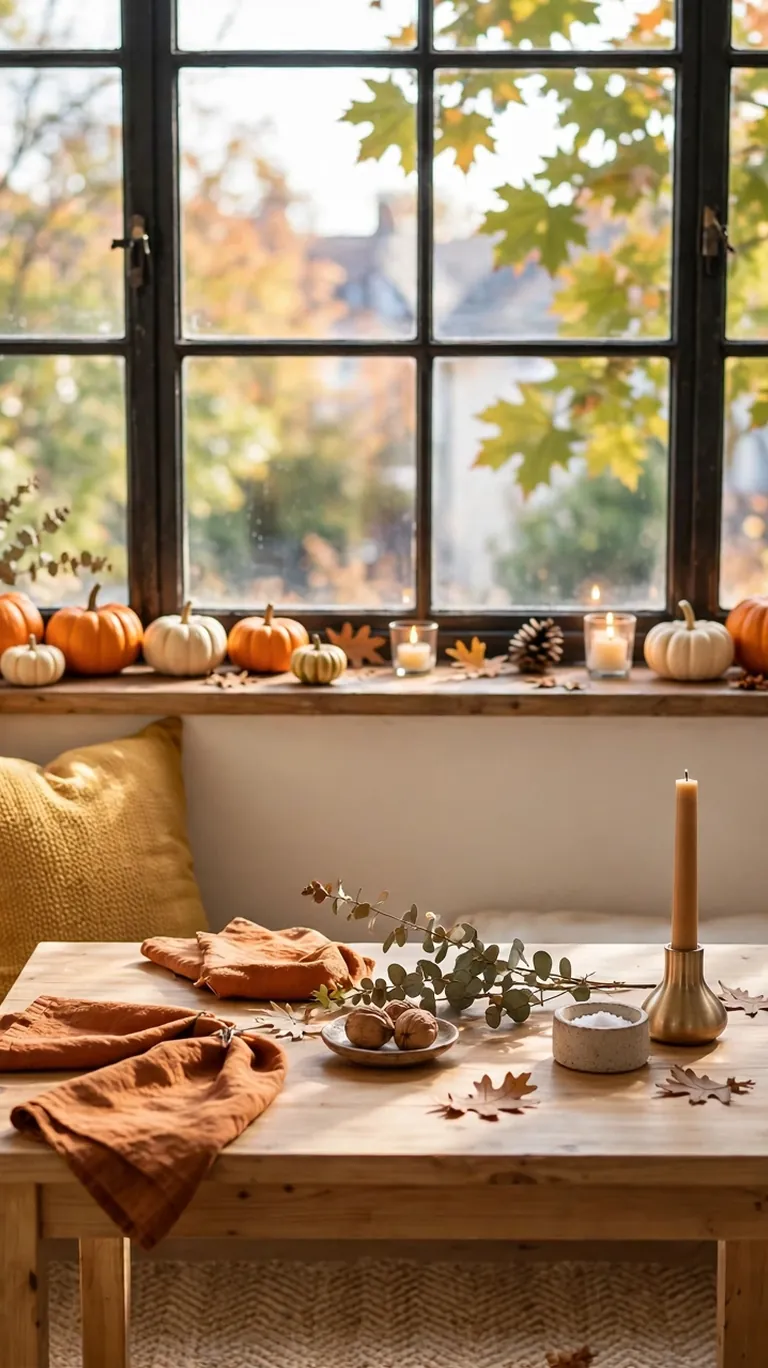 Windowsill styled with pumpkins and candles above a small Thanksgiving table