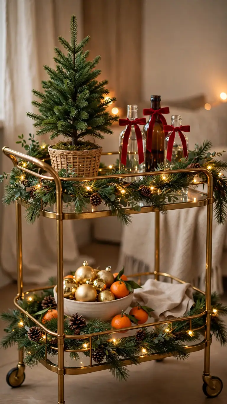 24 Festive Christmas Mantel Alternatives for Homes Without a Fireplace 20 A brass bar cart styled for Christmas with a small tree, garland on the railing, and a bowl of ornaments