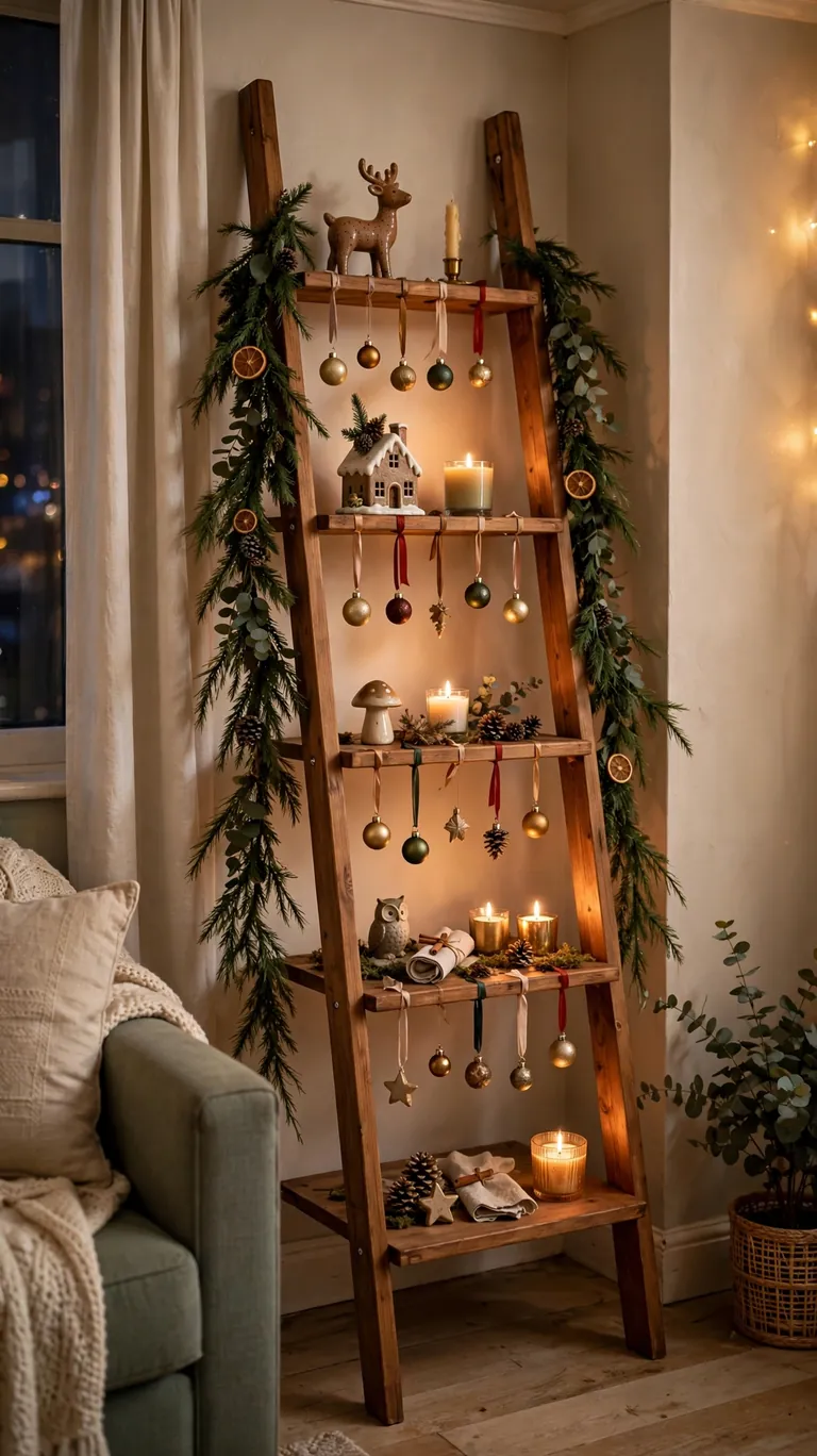 Leaning ladder shelf decorated with garland and ornaments