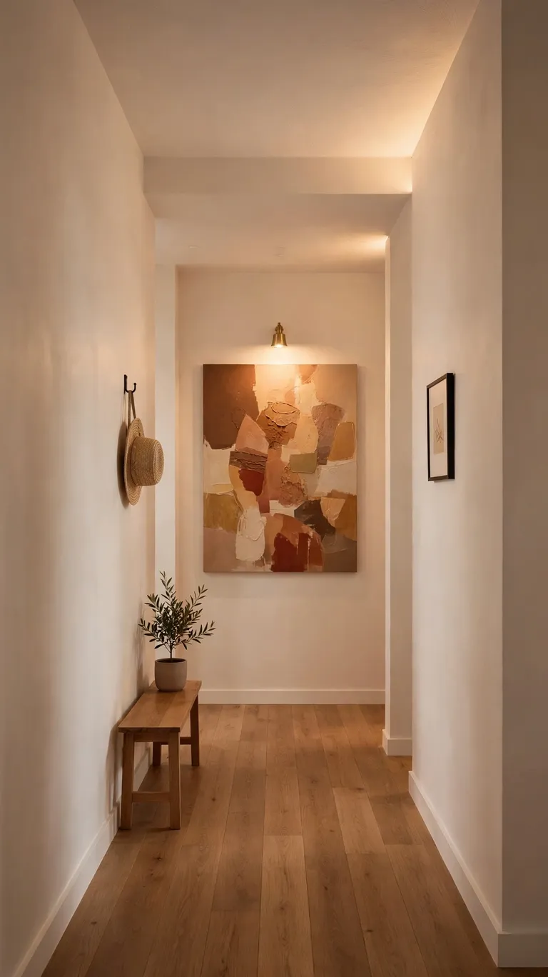 A large abstract painting as a focal point on the end wall of a hallway.