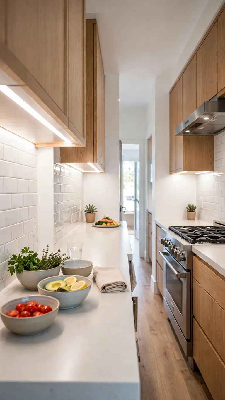 Narrow galley kitchen organized as a one direction plating assembly line