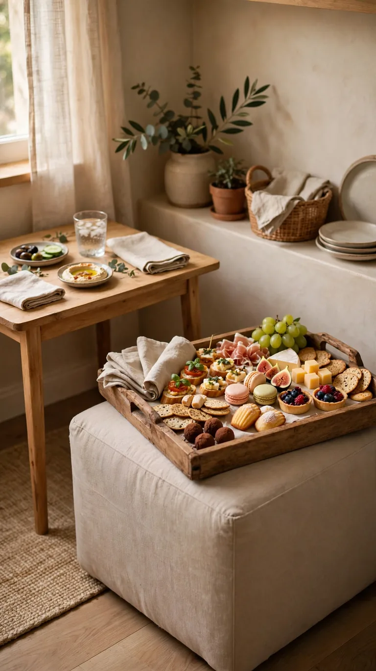 Beige ottoman with a large tray of finger foods styled as a low casual buffet beside a dining table