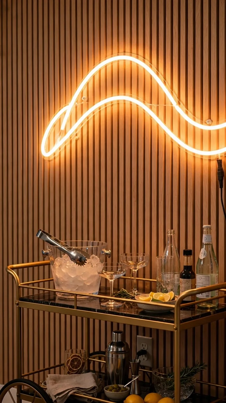 Warm plug-in LED neon-style sign glowing on a dining room wall above a bar cart