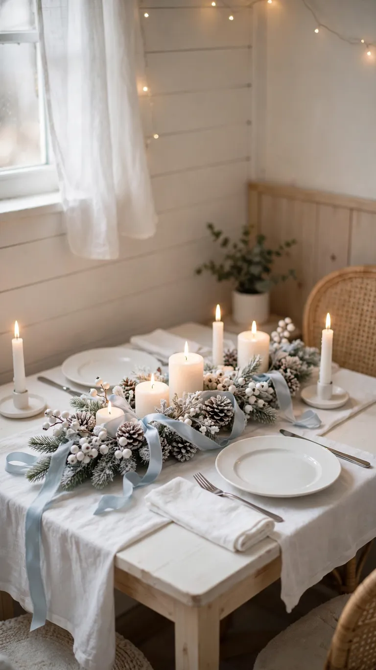 20 Beautiful Christmas Table Settings for Small Dining Spaces 20 All-white winter wonderland Christmas table with frosted pinecones and white candles