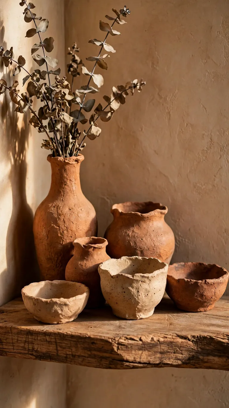 Shelf styled with a cluster of terracotta vases and handmade clay bowls.