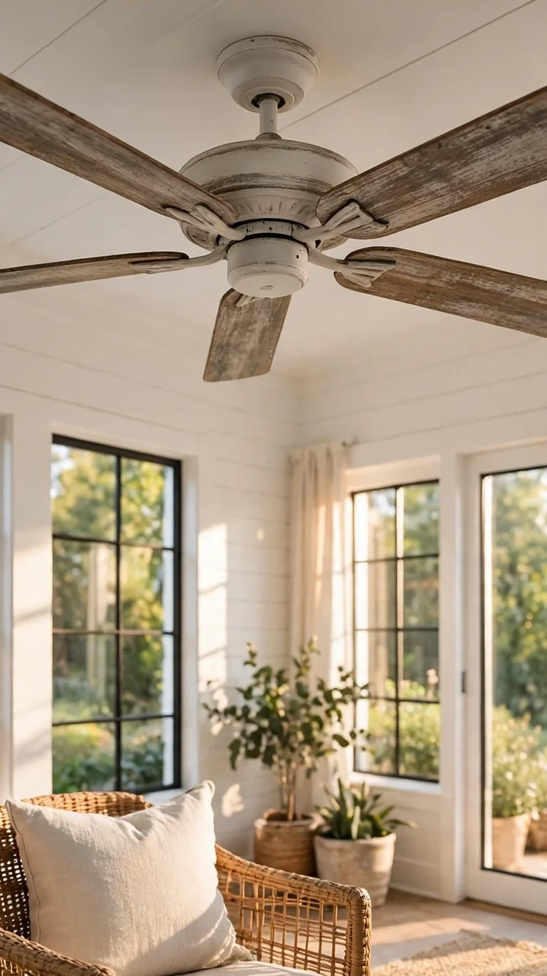 Wooden-bladed ceiling fan in a weathered finish mounted on a white sunroom ceiling.