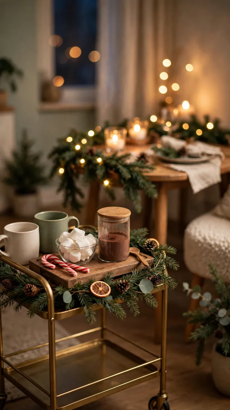 20 Beautiful Christmas Table Settings for Small Dining Spaces 21 Tiny hot cocoa station with mugs, marshmallows, and candy canes on a tray beside the table