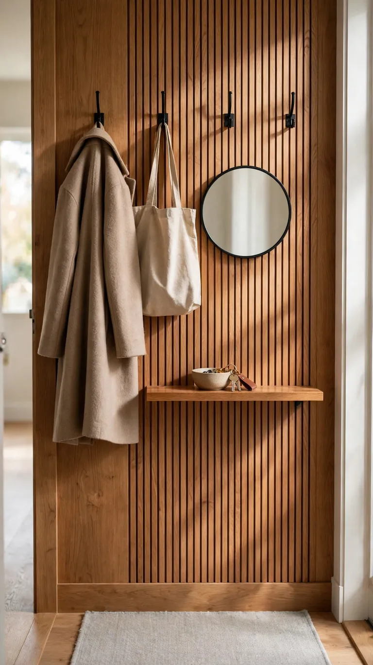 A grab-and-go entry nook with wall hooks, a small shelf, and a mirror.
