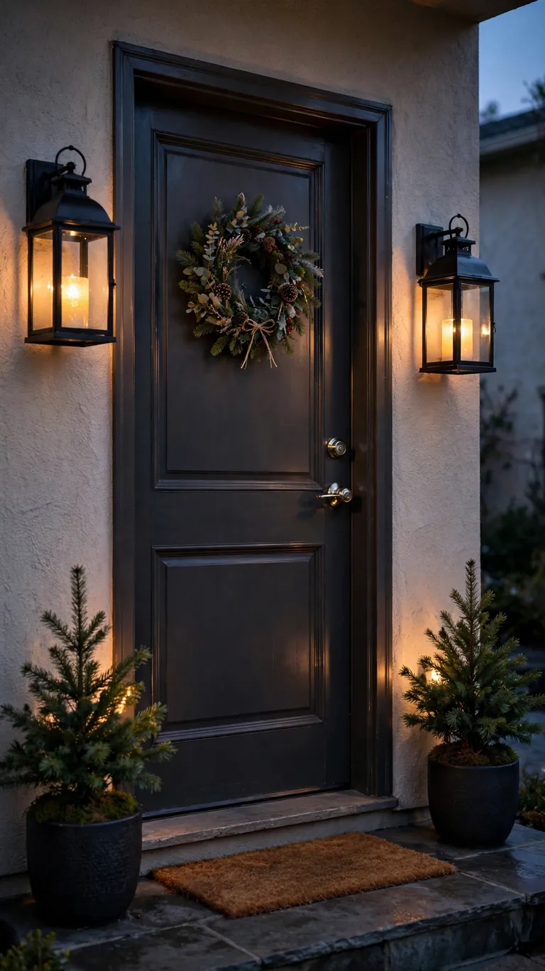 Pair of glowing Christmas lanterns flanking an apartment doorway