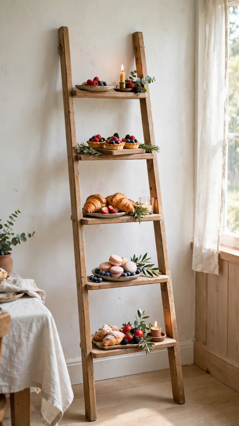 Leaning ladder shelf styled as a dessert buffet with trays of pastries and berries on each rung