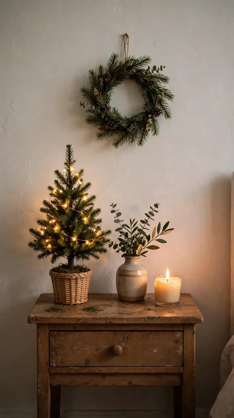 24 Festive Christmas Mantel Alternatives for Homes Without a Fireplace 21 A small nightstand with a tiny Christmas tree, a wreath on the wall above, and a sprig of greenery in a vase