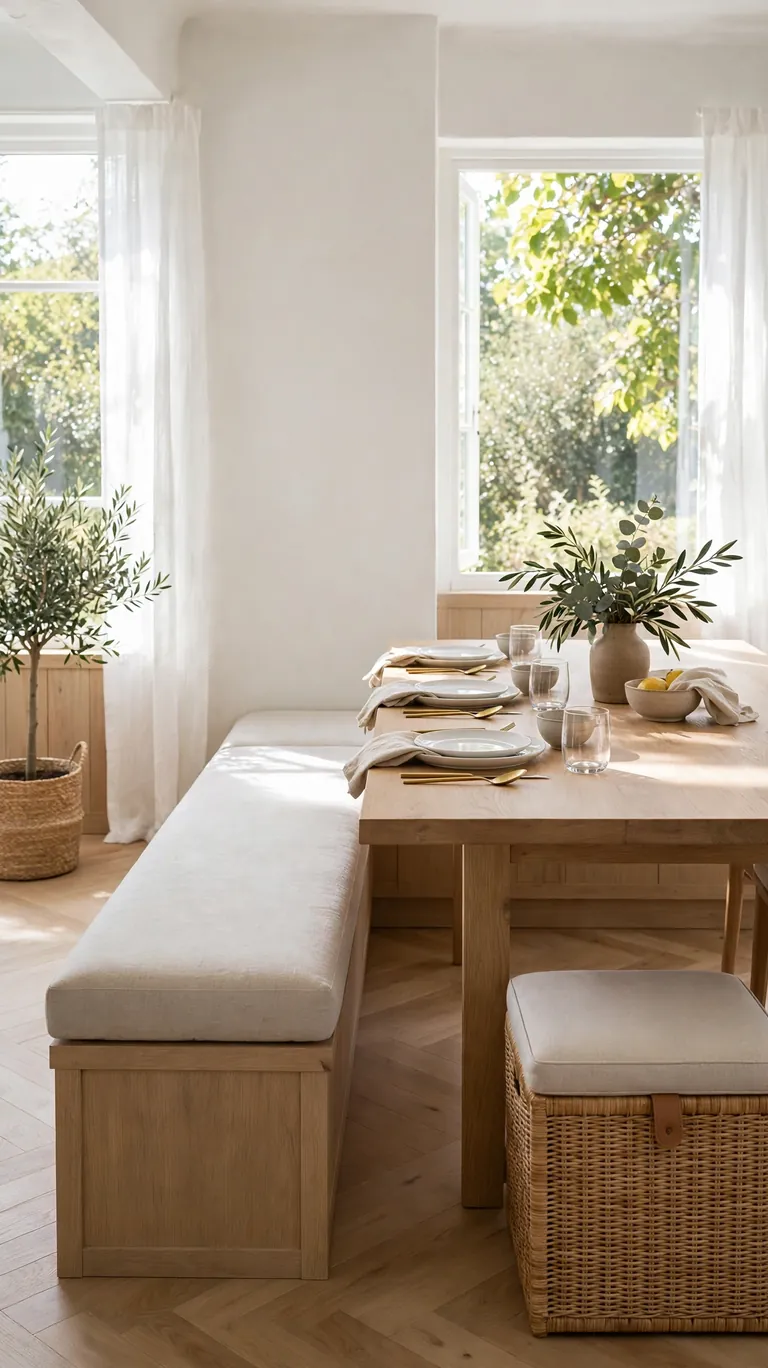 Long upholstered bench seating along one side of a small dining table